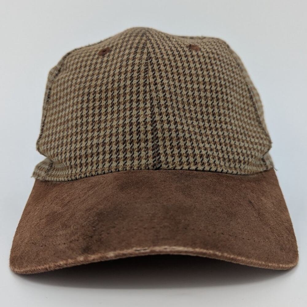 Vintage Houndstooth Baseball Cap w Suede Bill & Adjustable Leather Strap